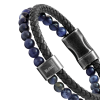 Bracelet Rochet Karma marine en acier vintage, cuir tressé noir et lapis lazuli, 22cm