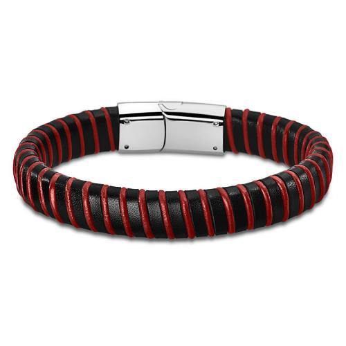 Bracelet Homme cuir et Acier inoxydable LOTUS noir et rouge